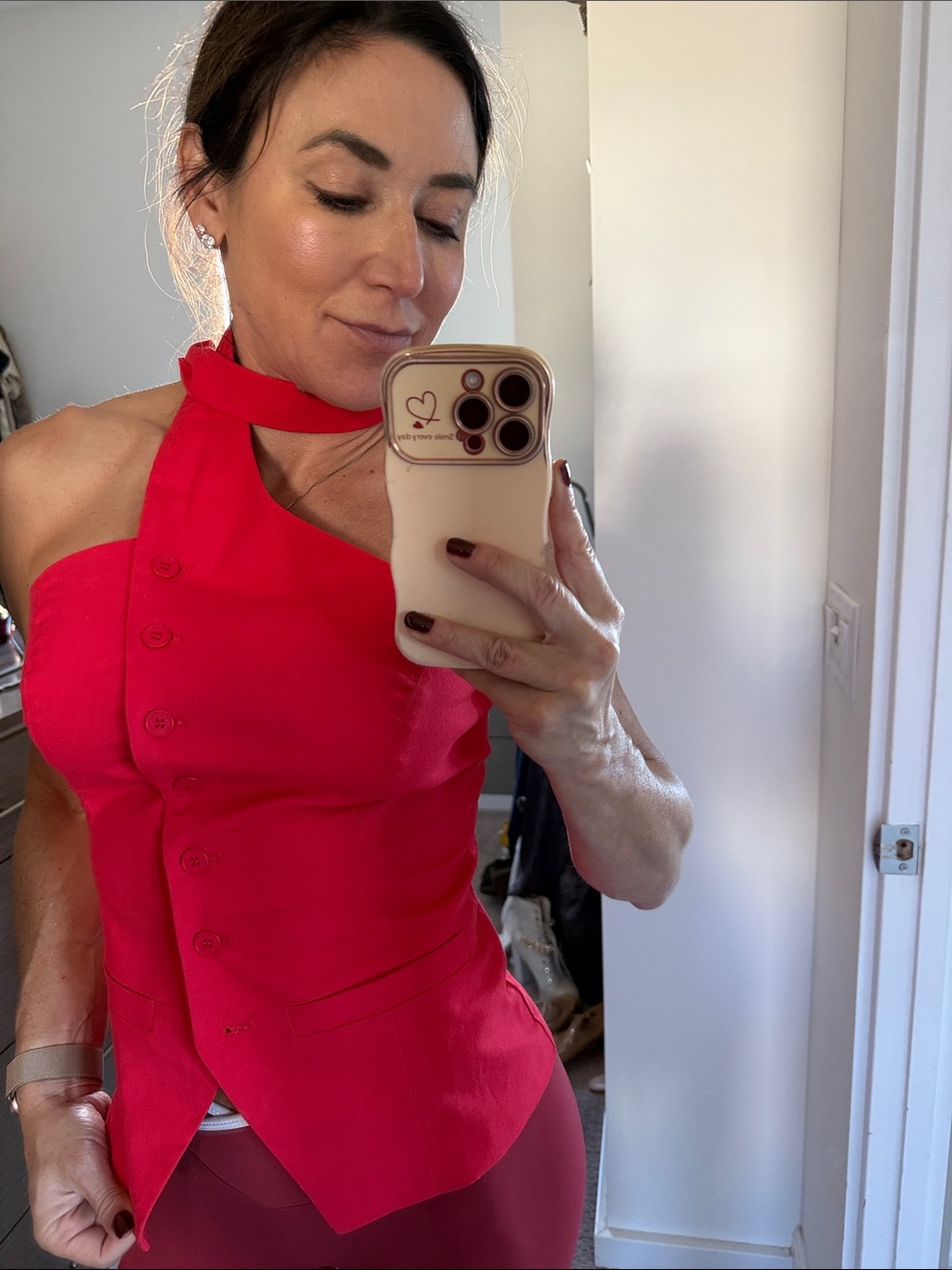 Commense Red One-Shoulder Button-Front Tunic Top - Picture 3 of 3